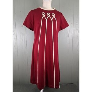 Vintage 60s Dress Red Embroidery Mid Century Advant Guarde  Short Sleeve Modest